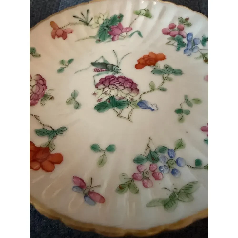 Vintage Chinoiserie Porcelain Bowls Pair Floral Cricket Trinket Dishes